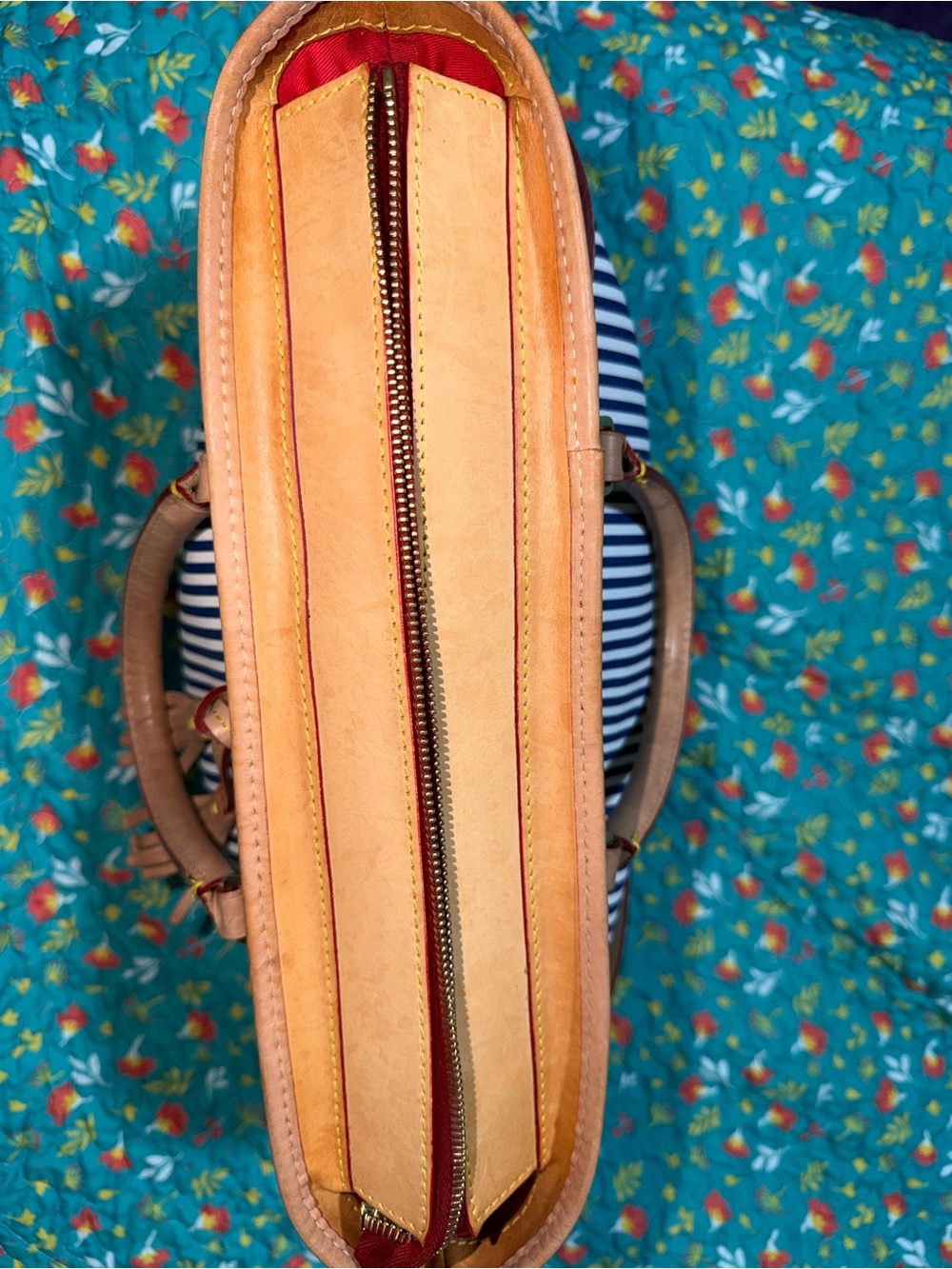 Dooney & Bourke Navy and White Stripe Tote with Tan Trim - Picture 10 of 16